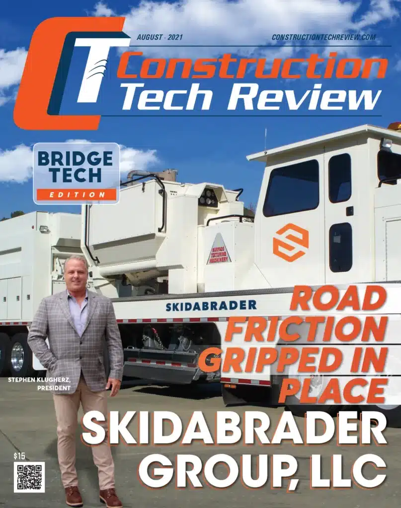 A magazine cover for "Construction Tech Review" featuring a man in front of a large construction vehicle, with articles and headlines related to construction technology.