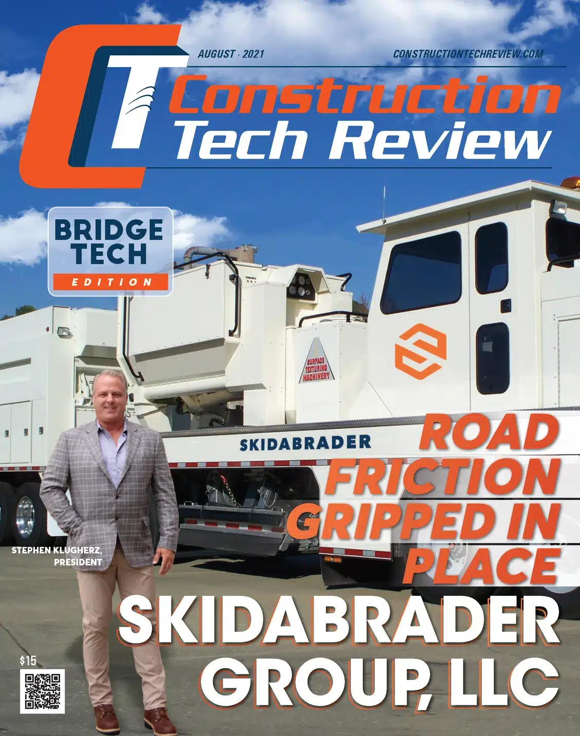 A magazine cover for "Construction Tech Review" featuring a man in front of a large construction vehicle, with articles and headlines related to construction technology.