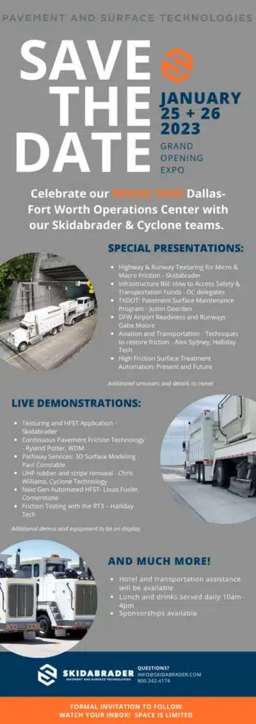 "Promotional graphic for a SAVE THE DATE event on January 25-26, 2023, at the Dallas-Fort Worth Operations Center featuring Skidabrader and Cyclone teams. Includes details on special presentations and live demonstrations."