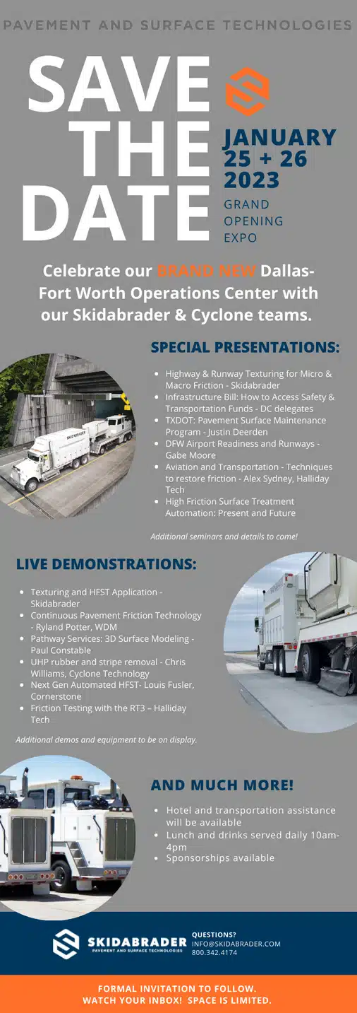 "Promotional graphic for a SAVE THE DATE event on January 25-26, 2023, at the Dallas-Fort Worth Operations Center featuring Skidabrader and Cyclone teams. Includes details on special presentations and live demonstrations."