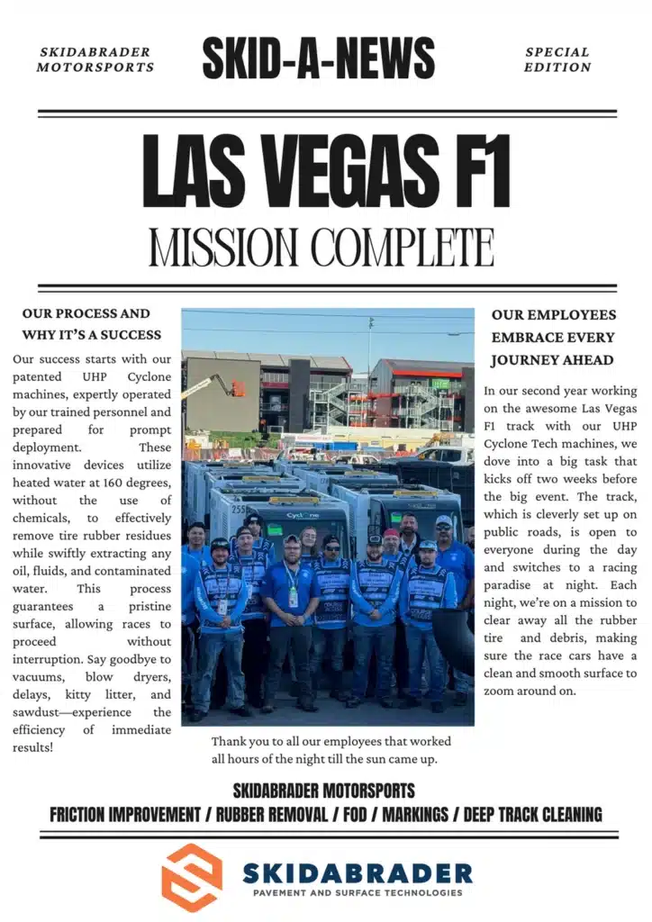 A newsletter titled "SKID-A-NEWS" with a focus on the Las Vegas F1 event, featuring sections about processes, employee dedication, and company information.



