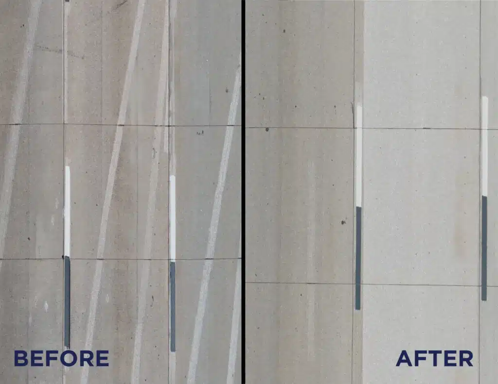 Side-by-side comparison of a stone wall labeled "Before" and "After." The "Before" side shows stained, dirty surfaces, while the "After" side appears clean and restored.