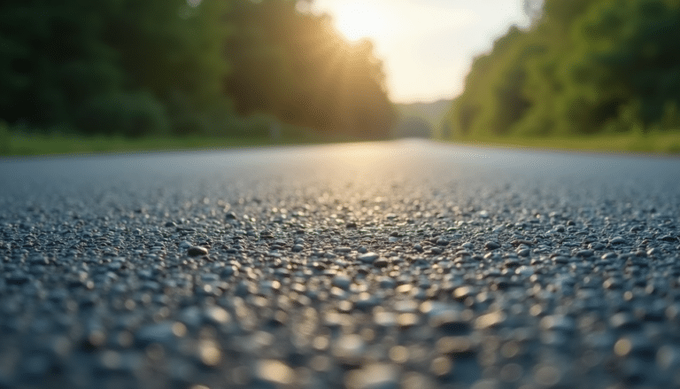 close-up view of a paved street with the sun shining