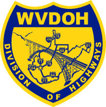 Logo of the West Virginia Division of Highways, featuring a map with highways and bridges, framed in a shield shape with blue and yellow colors.