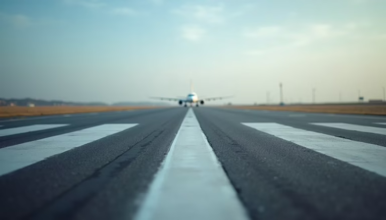 close up view of a runway with grounded airplane in the distance